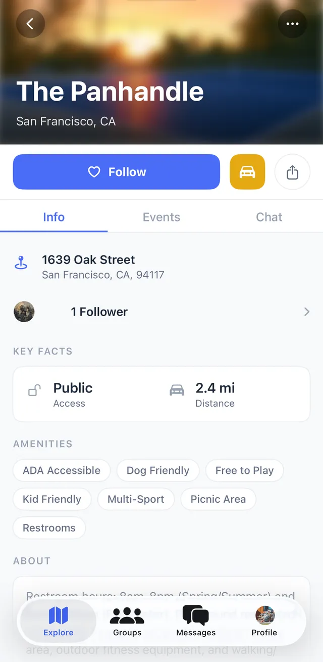 Pickleball Plus court page with follow button and info, events, and chat tabs