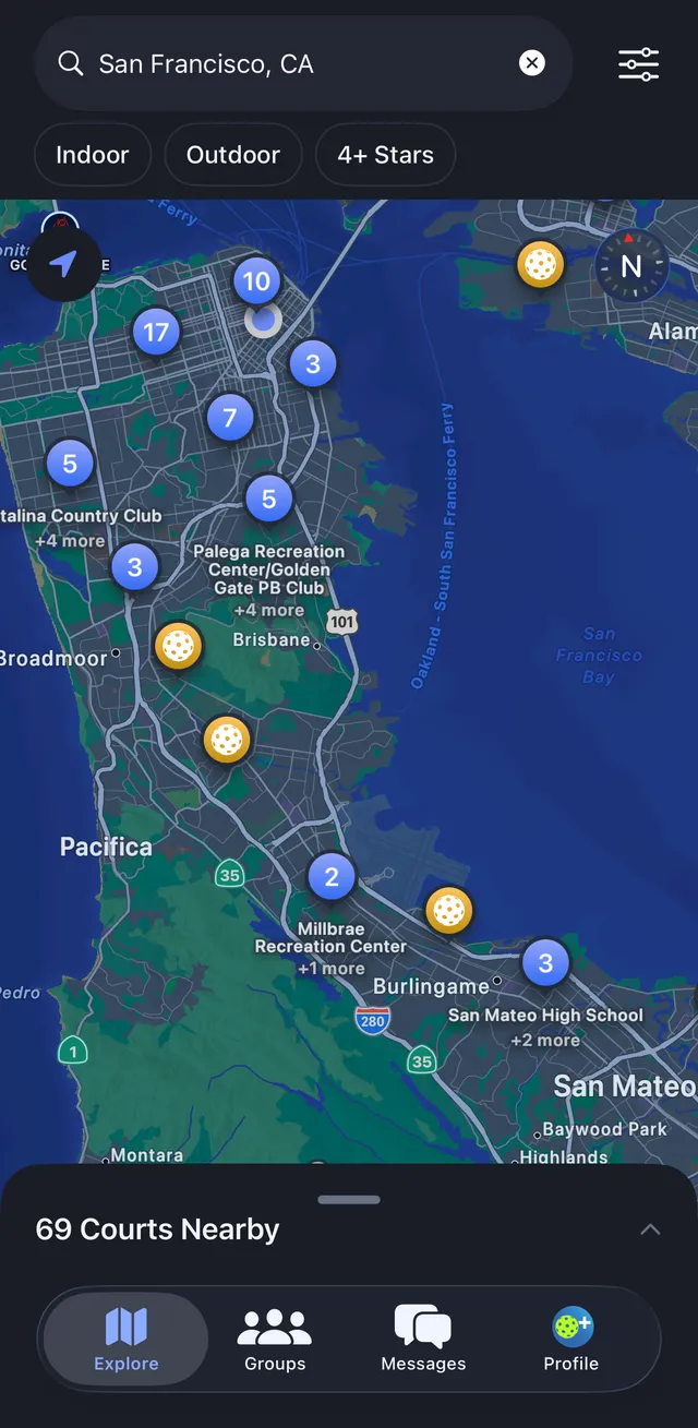 Pickleball Plus dark mode map view