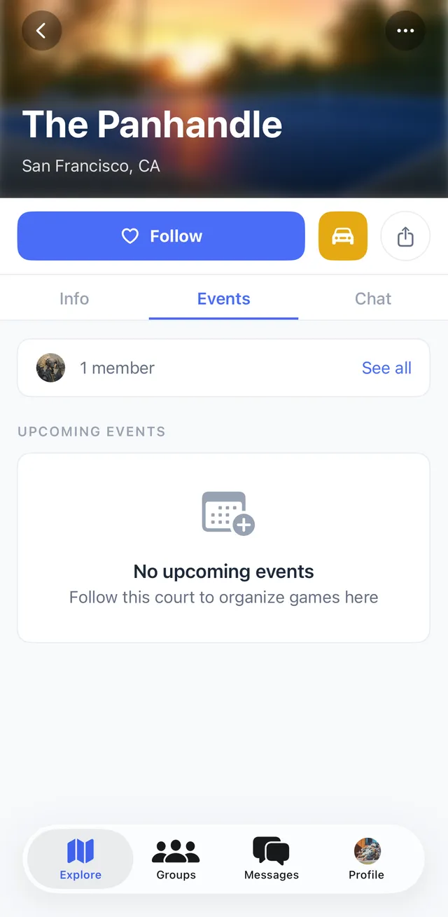 Pickleball Plus court events tab for organizing games