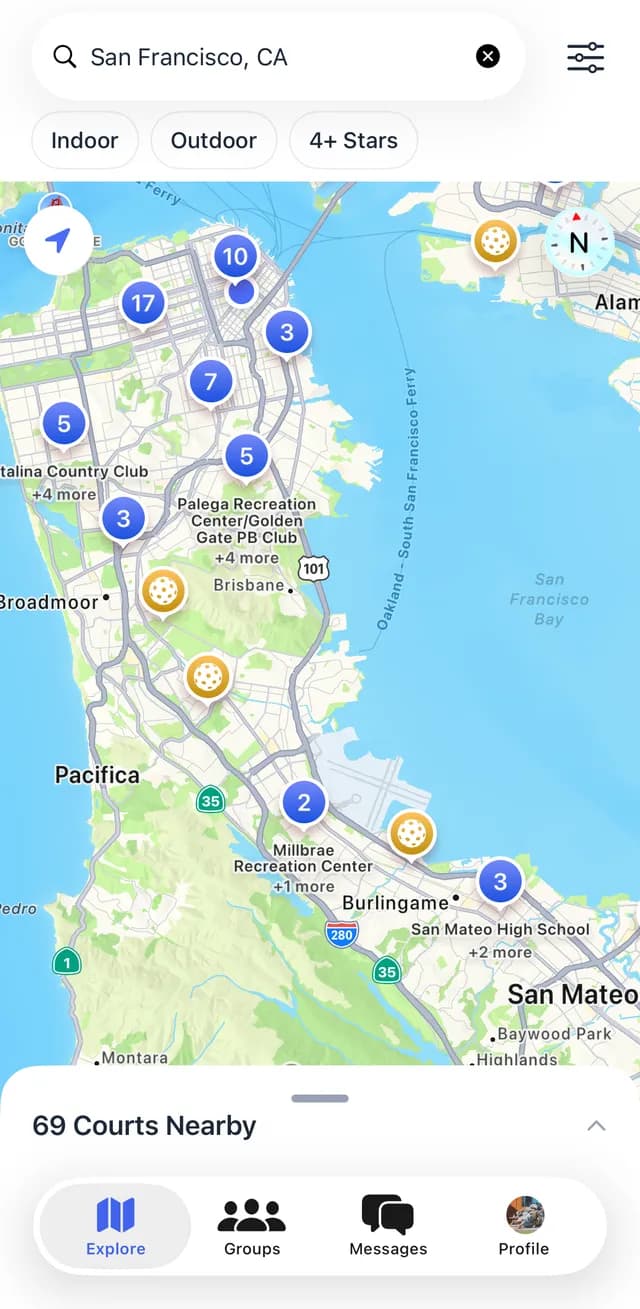 Pickleball Plus app showing court map view in San Francisco