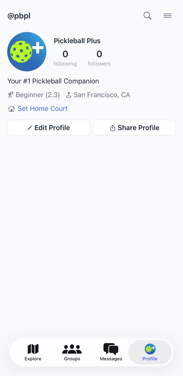 Pickleball Plus player profile with skill rating, home court, and follows