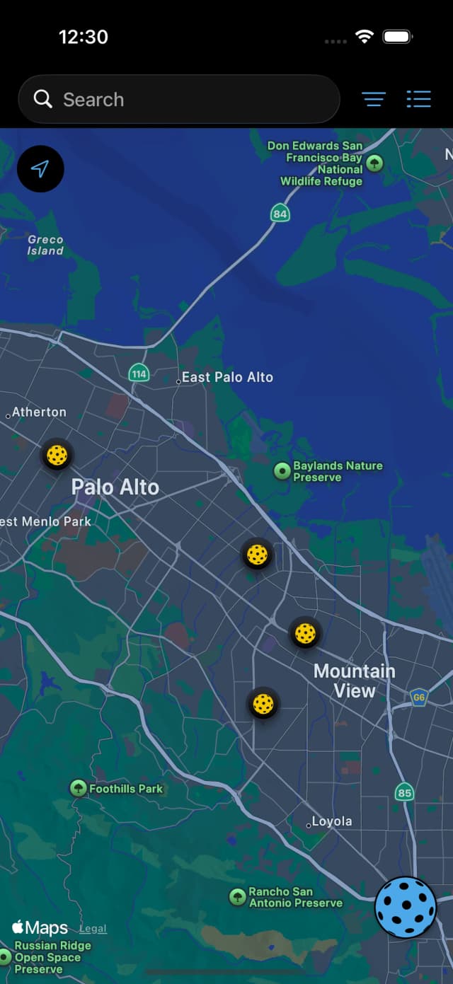 Pickleball Plus dark mode map view