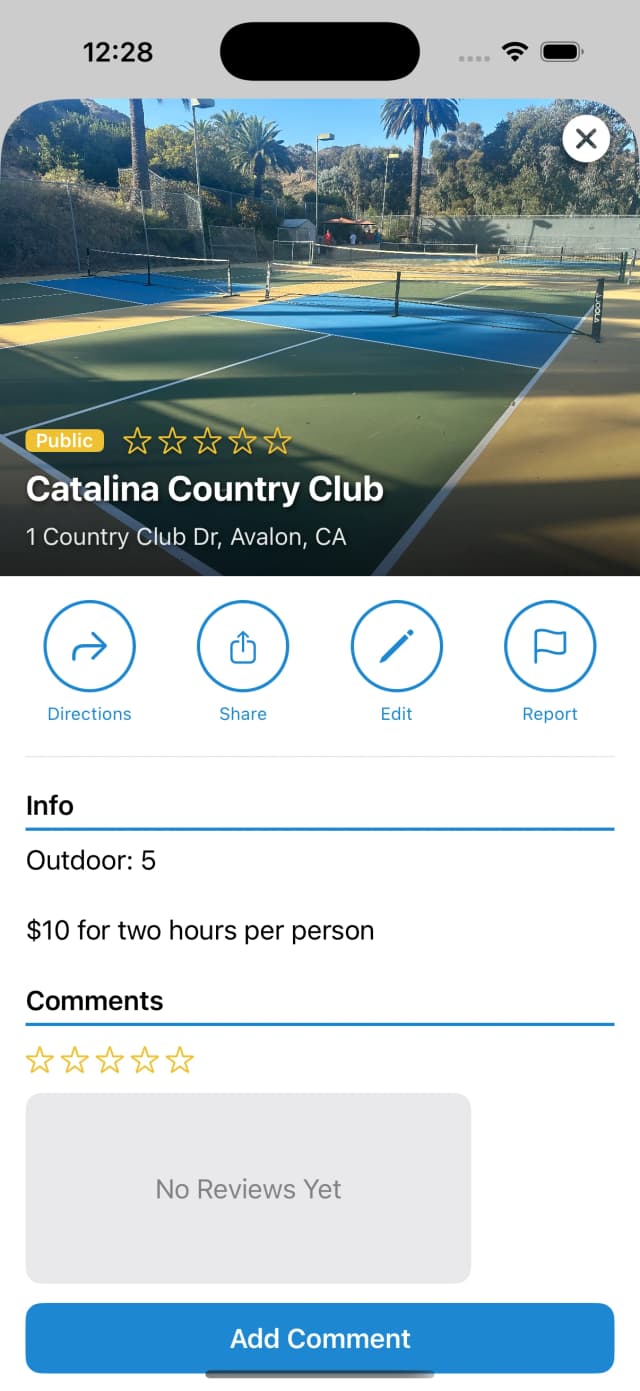 Pickleball Plus court detail page showing photos, ratings, and info